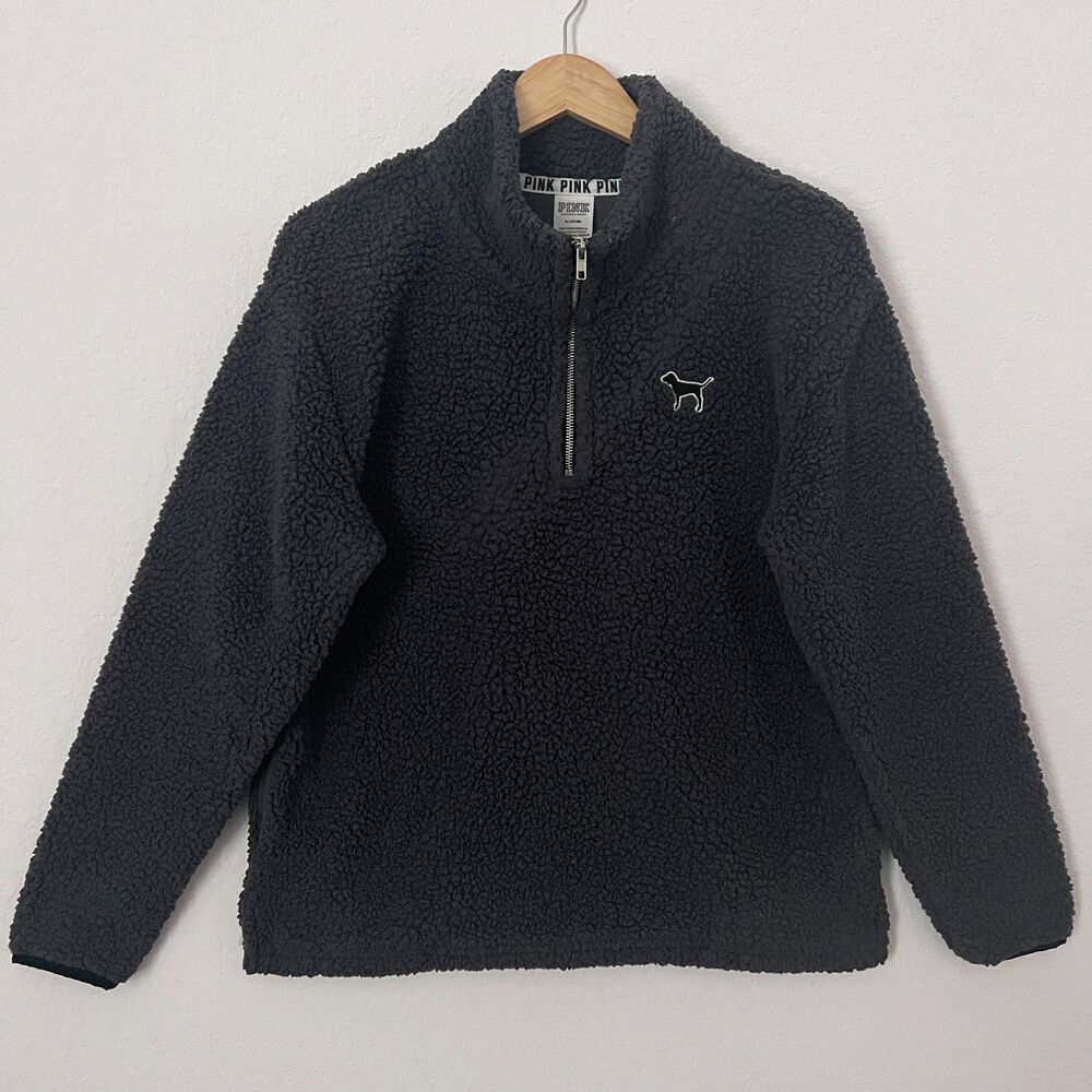 PINK By Victoria Secret Sherpa Fleece Women's 1/4 Zip Black Pullover M Dog